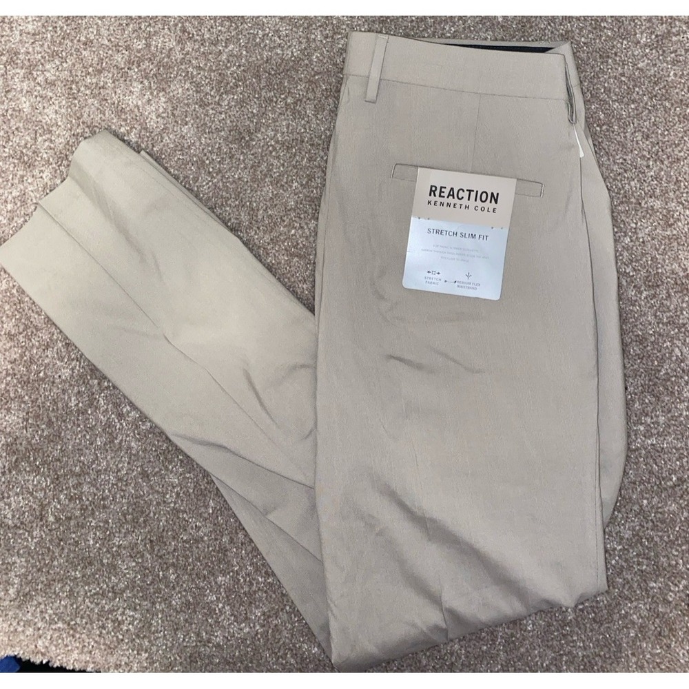 Kenneth Cole Heather Glen Plaid Beige Stone Stretch Slim Pants 33x32 Viscose